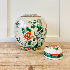Chinese Famille Verte Ginger Jar & Cover Birds Porcelain Late Qing