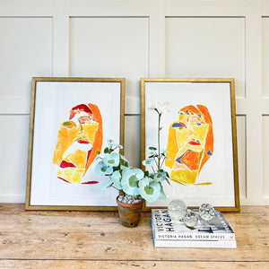 A Pair of Portrait Mono Print Paintings By Detroit Artist Mary Rousseaux