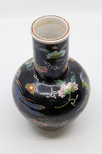 A Vintage Famille Noir Black Chinese Vase with Bird and Floral Paintings