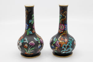 A Pair of Antique Hand Painted Black Vases with Beautiful Floral Chinoiserie Motif