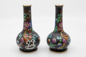 A Pair of Antique Hand Painted Black Vases with Beautiful Floral Chinoiserie Motif