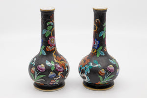 A Pair of Antique Hand Painted Black Vases with Beautiful Floral Chinoiserie Motif