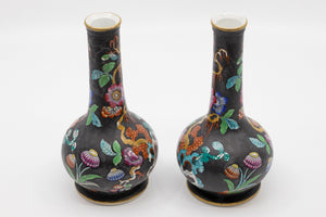 A Pair of Antique Hand Painted Black Vases with Beautiful Floral Chinoiserie Motif