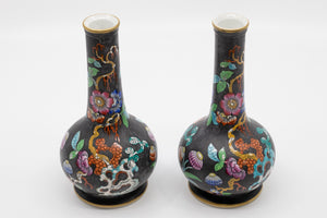 A Pair of Antique Hand Painted Black Vases with Beautiful Floral Chinoiserie Motif