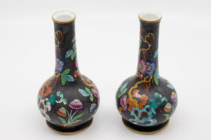 A Pair of Antique Hand Painted Black Vases with Beautiful Floral Chinoiserie Motif