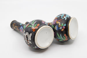 A Pair of Antique Hand Painted Black Vases with Beautiful Floral Chinoiserie Motif