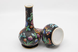 A Pair of Antique Hand Painted Black Vases with Beautiful Floral Chinoiserie Motif
