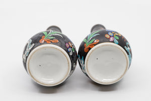A Pair of Antique Hand Painted Black Vases with Beautiful Floral Chinoiserie Motif