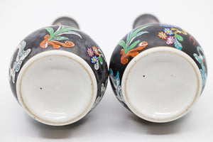 A Pair of Antique Hand Painted Black Vases with Beautiful Floral Chinoiserie Motif