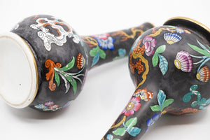 A Pair of Antique Hand Painted Black Vases with Beautiful Floral Chinoiserie Motif