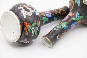 A Pair of Antique Hand Painted Black Vases with Beautiful Floral Chinoiserie Motif