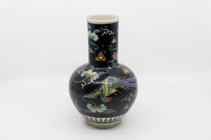 A Vintage Famille Noir Black Chinese Vase with Bird and Floral Paintings