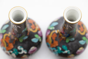 A Pair of Antique Hand Painted Black Vases with Beautiful Floral Chinoiserie Motif