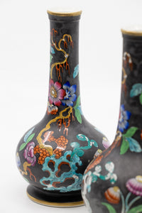 A Pair of Antique Hand Painted Black Vases with Beautiful Floral Chinoiserie Motif