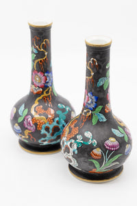 A Pair of Antique Hand Painted Black Vases with Beautiful Floral Chinoiserie Motif