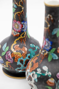 A Pair of Antique Hand Painted Black Vases with Beautiful Floral Chinoiserie Motif