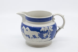 Antique Blue and White Pitcher with A Fox Hunting Scene