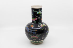 A Vintage Famille Noir Black Chinese Vase with Bird and Floral Paintings