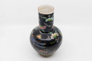 A Vintage Famille Noir Black Chinese Vase with Bird and Floral Paintings