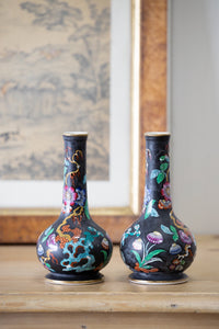 A Pair of Antique Hand Painted Black Vases with Beautiful Floral Chinoiserie Motif