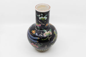 A Vintage Famille Noir Black Chinese Vase with Bird and Floral Paintings