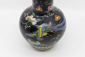 A Vintage Famille Noir Black Chinese Vase with Bird and Floral Paintings