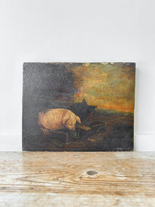 19th Century Pig Painting Oil on Board