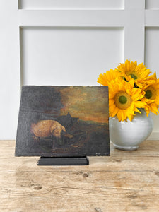 19th Century Pig Painting Oil on Board