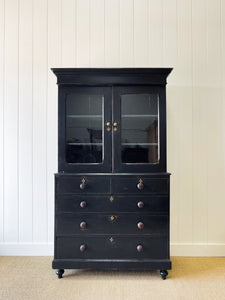 A Large 19th Century English Pine Ebonized Linen Press Cupboard