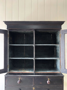 A Large 19th Century English Pine Ebonized Linen Press Cupboard