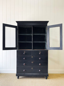 A Large 19th Century English Pine Ebonized Linen Press Cupboard