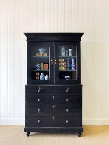 A Large 19th Century English Pine Ebonized Linen Press Cupboard