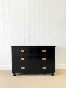 An Ebonized Antique English Chest of Drawers with Campaign Brasses c1890