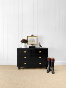An Ebonized Antique English Chest of Drawers with Campaign Brasses c1890