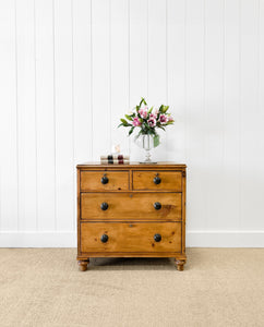 An Antique English Pine Chest of Drawers Dresser Tulip Feet with Brass Escutcheons c1890