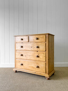 A Large English Pine Chest of Drawers Dresser with Wooden Knobs on Tulip Feet c1890