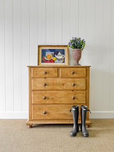A Large English Pine Chest of Drawers Dresser with Wooden Knobs on Tulip Feet c1890