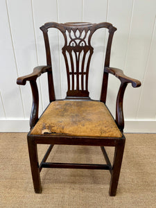 An English Country 19thc Chippendale Mahogany Leather Arm Chair