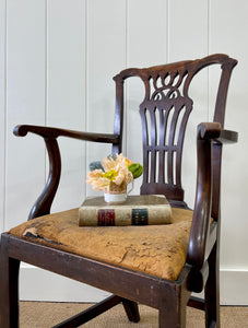 An English Country 19thc Chippendale Mahogany Leather Arm Chair