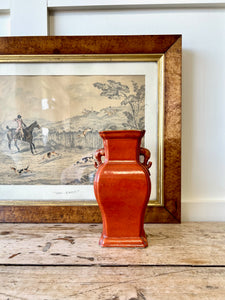 Antique 1920's Chinese Iron Red Orange Elephant Handled Porcelain Vase